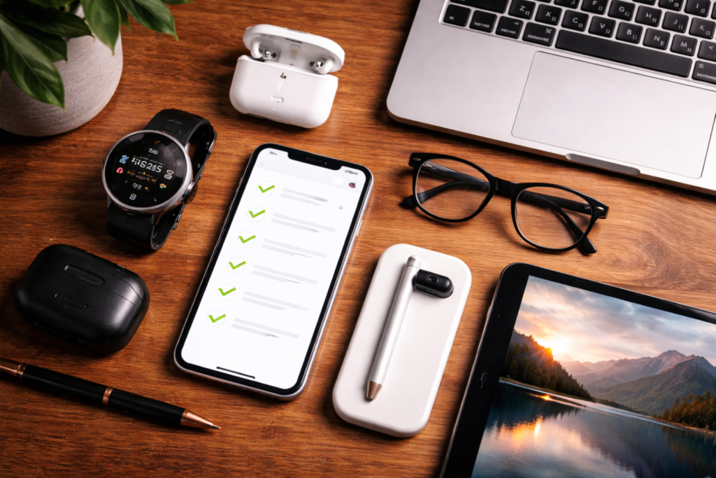 Dispositivos tecnológicos modernos como smartphone, reloj inteligente, auriculares inalámbricos y tablet sobre una mesa de trabajo, representando la hiperconectividad, la gestión del tiempo y la ilusión de control en la sociedad actual.
